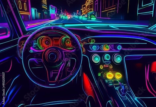 Fototapeta neon art the driver and controls are outlined in glowing neon co