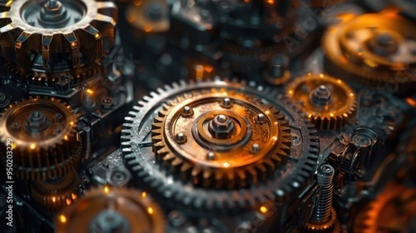 Obraz Intricate interlocking gears and cogwheels demonstrate teamwork and industrial precision in motion