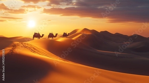 Fototapeta Lone oasis desert sunset towering sand dunes camel caravan realistic 3D sand dunes warm golden hour lighting soft diffused edges