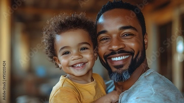 Fototapeta Father lifting his son up with a smile on a construction site, surrounded by construction tools and materials.