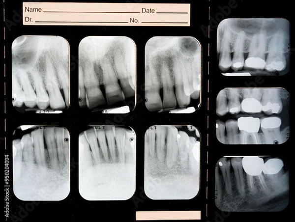 Obraz A panel of nine dental x-rays, brightly showing crowns, root canals, and fillings where cavities and decay had been found.