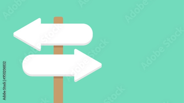 Fototapeta Blank directional signpost with rounded arrows pointing left and right. Road sign on green background. Choosing the path to follow.	

