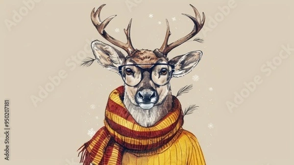 Fototapeta A trendy hipster reindeer in a festive winter jumper with glasses and a scarf for the holiday season