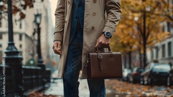 Fototapeta A man wearing a suit and holding a brown briefcase is standing on a wet street