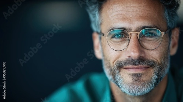 Fototapeta A man with gray hair and clear glasses wears a warm smile, symbolizing kindness and approachability in a serene setting, with a clean, contemporary style and soft lighting.