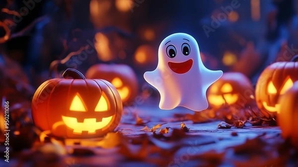 Fototapeta Cute cartoon ghost is floating near illuminated jack o lantern pumpkins on halloween night 