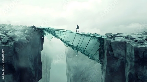 Obraz Fragile Hope: A solitary figure walks a precarious path across a shattered glass bridge, suspended between two towering cliffs shrouded in mist. This haunting image evokes themes of risk, vulnerabilit