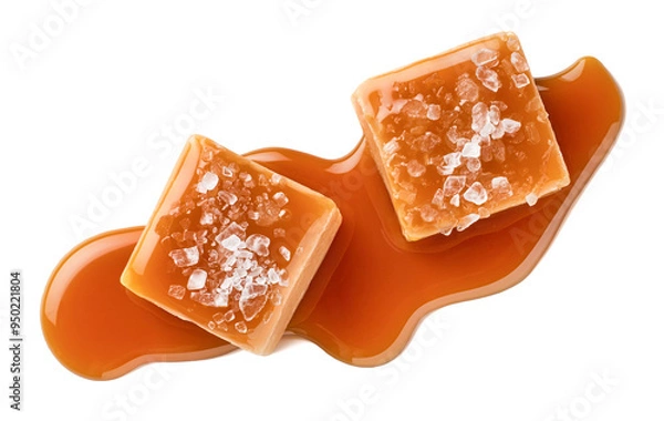 Obraz Two salty or salted caramel candy cubes topped with caramel sauce and sea salt on white background