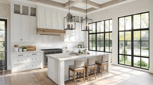 Fototapeta Bright and airy farmhouse kitchen design with a blank wall, perfect for adding personalized touches, 3D rendered