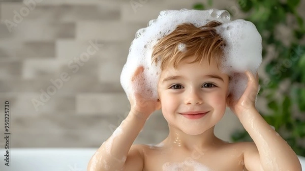 Fototapeta A cheerful boy enjoying a fun bath time with bubbles, showcasing joy and playfulness in a bright, clean environment.