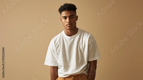 Fototapeta A young man wears an oversized white t-shirt with short sleeves and tan chinos, posing for the camera in front of a beige background for a minimalistic