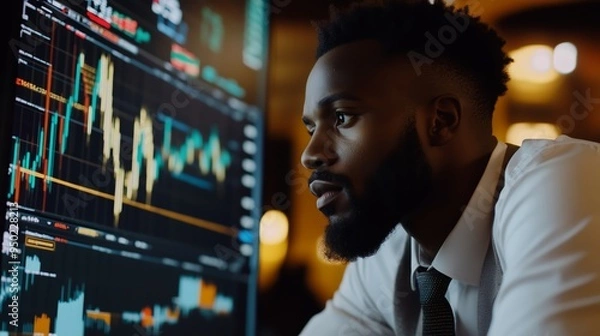 Obraz black man trader in glasses analyzes stock growth chart	