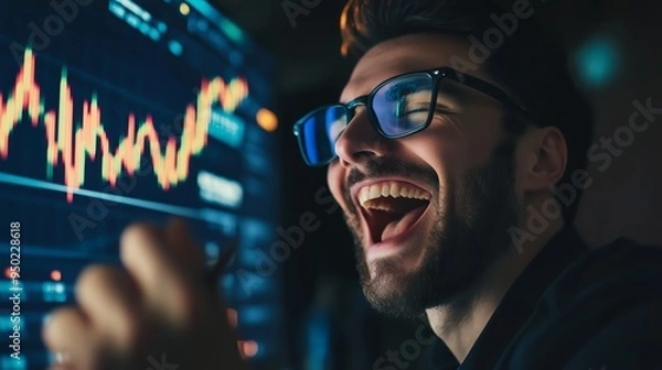 Fototapeta happy trader in glasses analyzes stock growth chart	
