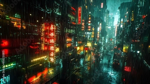 Fototapeta A detailed 3D rendering of a cyberpunk city with neon lights and rain-soaked surfaces