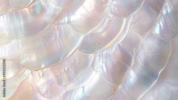 Fototapeta Iridescent mother-of-pearl abstract background with shimmering shell patterns in a soft, luminous texture.