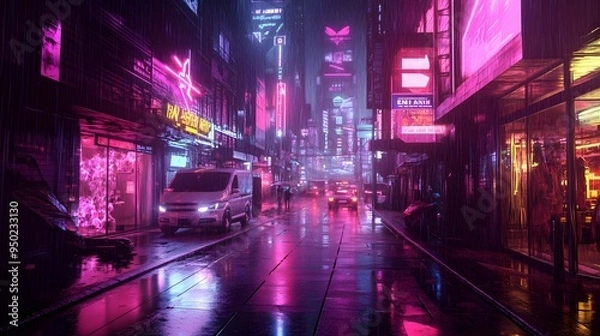 Fototapeta A neon-filled street in a cyberpunk city with rain-soaked surfaces and detailed reflections