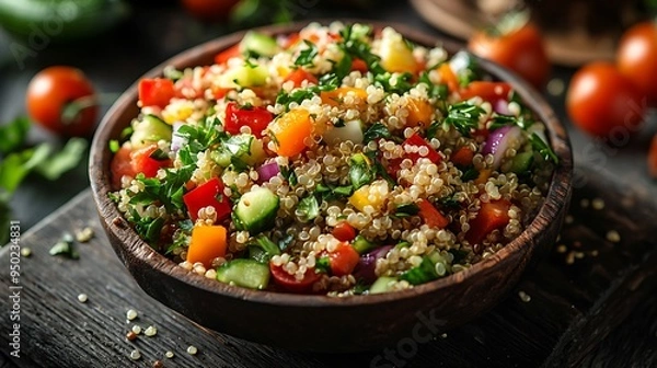 Fototapeta A wholesome quinoa salad with fresh vegetables, presented in a wooden bowl.