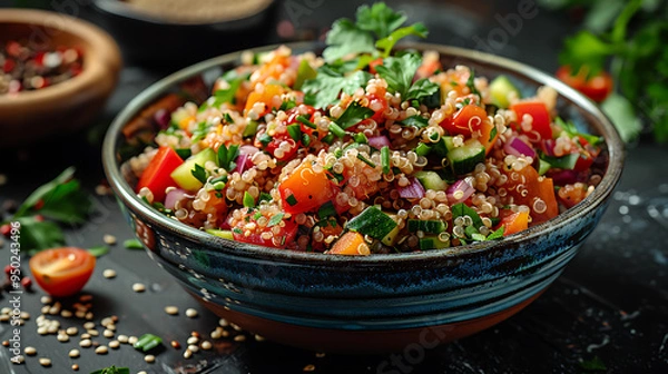 Fototapeta Bowl of quinoa salad with mixed vegetables and a sprinkle of seeds