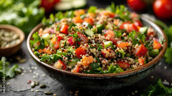 Fototapeta Bowl of quinoa salad with mixed vegetables and a sprinkle of seeds