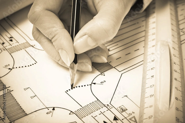 Obraz Hand drawing road plan. Sepia tone. Shallow DOF..