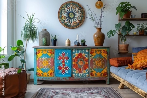 Obraz  Colorful Wooden Cabinet with Mandala Patterns in American Retro and Bohemian Living Room Decor