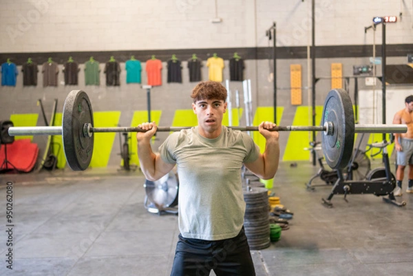 Obraz Man lifting barbell with weights in gym during strength training.