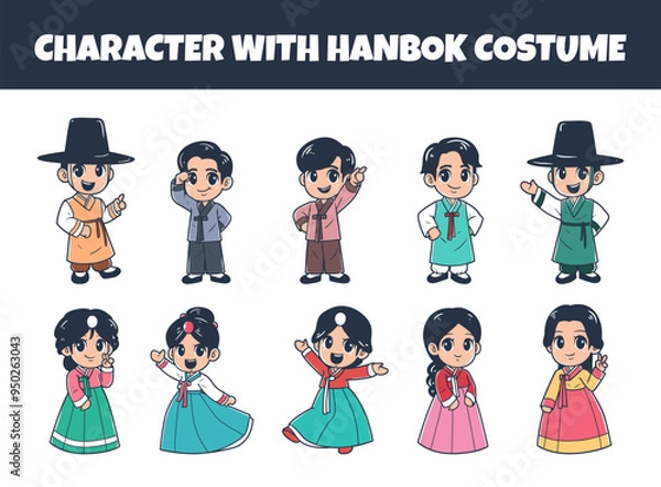 Obraz Character with hanbok costume vector illustration set