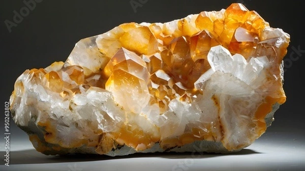 Fototapeta Macro of a citrine quartz geode with the clear crystal faceted.