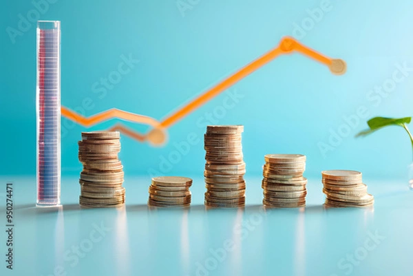 Fototapeta Golden coins stacked on a rising graph, symbolizing financial growth and wealth accumulation