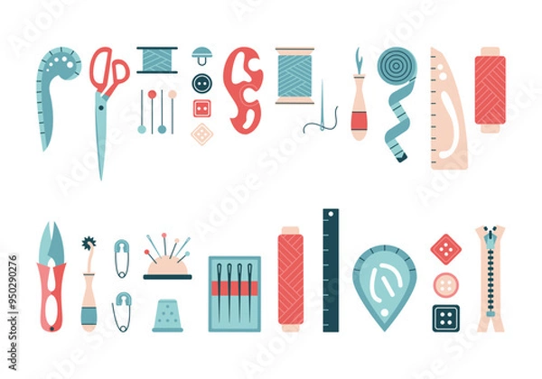 Obraz Sewing elements for sewing and needlecraft. Icons set. Tailoring tools, dressmaker equipment and needlework accessories. Threads, buttons, needle, scissors. Vector illustration