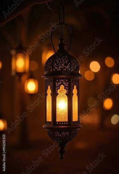 Fototapeta Moroccan lantern glowing at night. Glittering golden bokeh lights, blurred background. Ramadan Kareem, Eid ul Fitr muslim holida