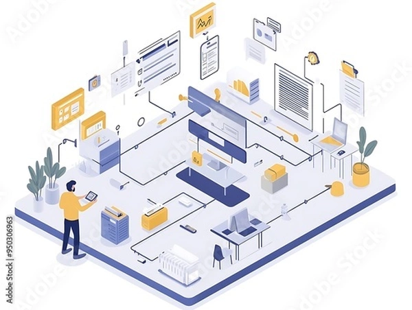 Fototapeta Isometric Illustration of a Modern Office Workspace with Connected Devices and Technology