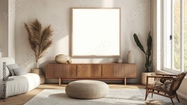 Obraz A modern living room featuring Scandinavian-Boho design, with a cabinet and a mock-up blank frame for personalization. The space blends simplicity with warm, earthy tones and artistic, bohemian 