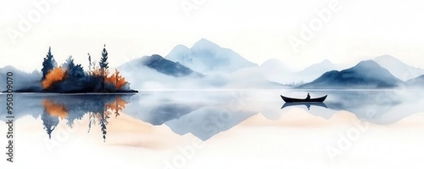 Fototapeta Watercolor painting of a tranquil lake scene with a small island, mountains, and a lone boat.