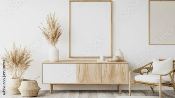 Fototapeta A modern living room designed in Scandinavian-Boho style, with a minimalist cabinet and a mock-up blank frame. The room combines clean lines with natural textures and eclectic touches for a balanced, 