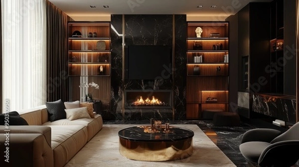 Fototapeta An Art Deco-inspired living room with a modern twist, showcasing a fireplace and stylish shelves. The design combines bold geometric shapes with rich materials, creating a sophisticated 