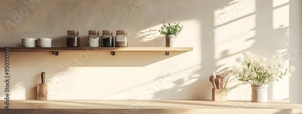 Fototapeta Kitchen wall with a wooden shelf and concrete counter, a wooden board on the ground, a light beige background, a closeup view, natural sunlight, neutral tones, a rustic style, and country home decor