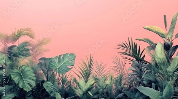 Fototapeta A serene and lush tropical landscape with palm trees, ferns, and a vibrant pink sky.