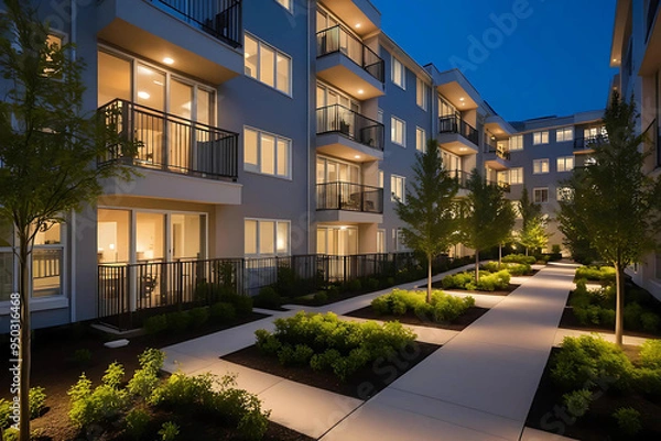 Fototapeta A serene twilight view of a well-lit apartment complex, with glowing windows and balconies, modern pathways, and softly illuminated trees