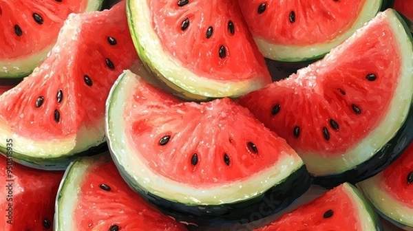 Fototapeta Fresh Sliced Watermelon Summer Fruit Red Pulp Green Rind