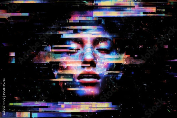 Obraz An image with an aesthetic glitch effect, characterized by digital distortion and multicolored lines creating a futuristic feel.