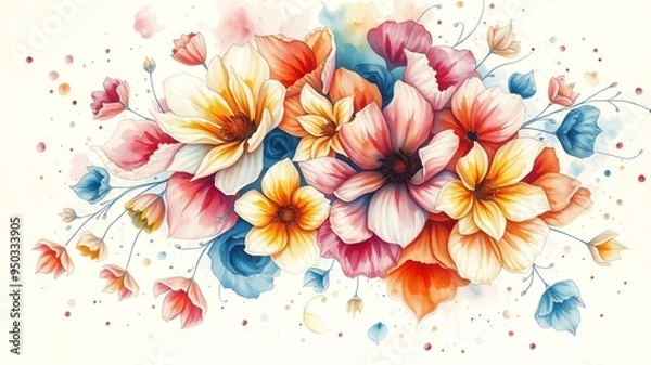 Fototapeta  a stunning array of colorful flowers, including roses and daisies, beautifully blending with delicate petals and lush foliage in soft pastel tones background