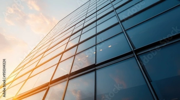 Fototapeta A striking modern glass building reflecting the golden morning sunlight, capturing the architectural elegance and urban atmosphere of the surroundings in a mesmerizing view.
