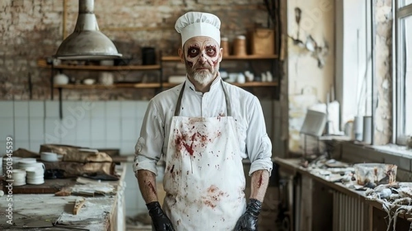 Obraz Zombie chef in a destroyed kitchen, bloodstained apron, eerie and grotesque, Halloween food horror theme