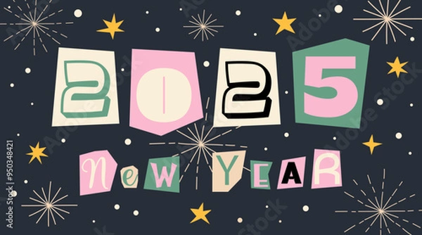 Fototapeta New year banner with cut out letters. Holliday collage elements in retro halftone style. Trending collage style with stars. Concept for new year, christmas. Happy 2025 year poster.