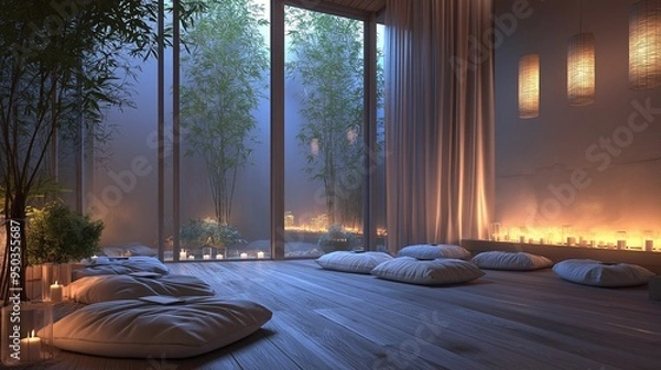 Fototapeta Serene Meditation Corner with Floor Cushions, Low Lighting, and a Peaceful Ambiance in Twilight Light