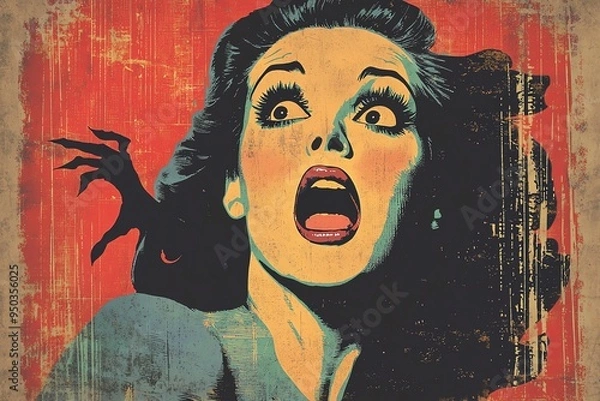 Fototapeta A vintage horror illustration featuring a shocked woman with a vivid expression, conveying a sense of fear and drama.