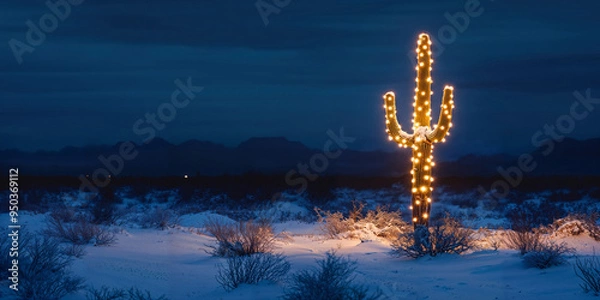 Fototapeta A saguaro cactus with white Christmas tree lights in the desert at night after a snowstorm