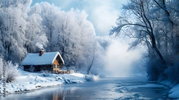 Fototapeta Snow-covered trees frozen river winter wonderland log cabin smoke chimney cool blues