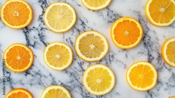 Fototapeta An arrangement of citrus slices forming a pattern on a marble surface, top view